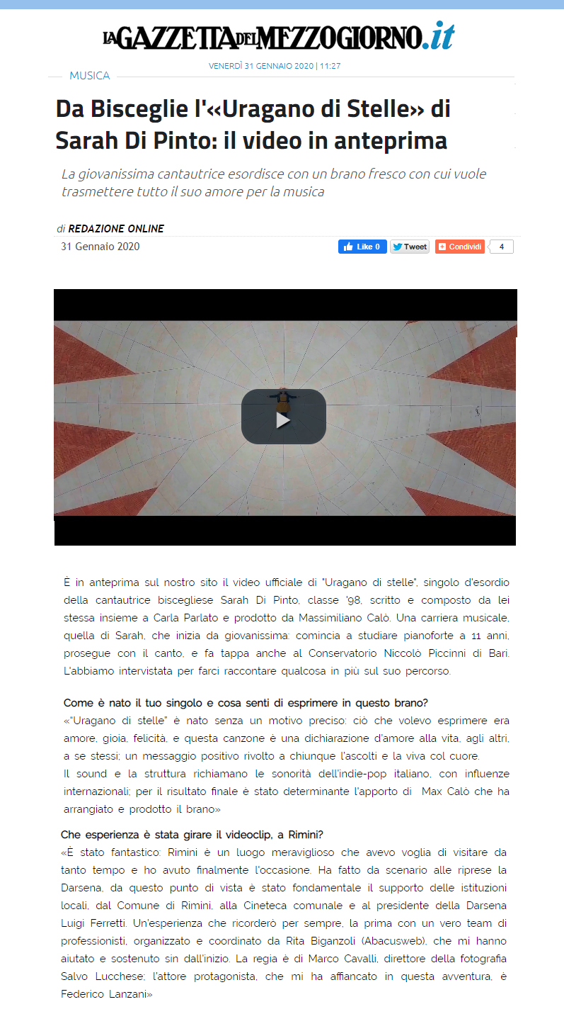 Sarah Di Pinto su La Gazzetta del Mezzogiorno - Anteprima video (31-01-2020)